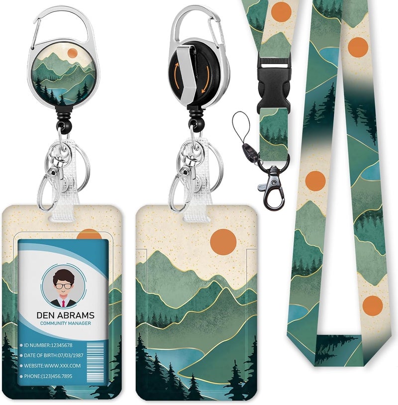 Piefly Lanyards for Id Badges, Badge Holder with Retractable Reel Clip, Sunrise Sunset Mountain Tree Card Name Tag Lanyard, Vertical ID Card Protector for Women Nurse Doctor Teacher Student - Image 1